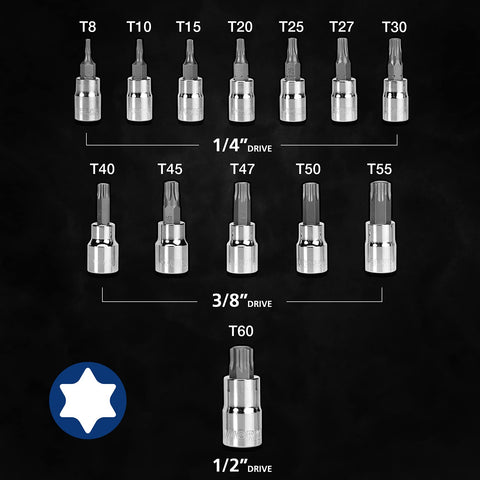 Torx Bit Socket Set T8 To T60 With 1/4 In 3/8 In And 1/2 In Drive, S2 Steel Six Point Bits And CR-V Sockets, Storage Case