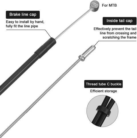 Universal Bike Brake Cable And Housing Kit 9.8 Feet Black with brake line cap, tail cap, and thread tube C buckle for MTB use.