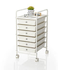 Front view of Six Tier Utility Cart With Six Drawers Rolling Cart With Two Lockable Caster Wheels, Ivory White.
