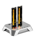 Dead Simple Dual Bay M.2 Nvme Sata Raid Enclosure Clone Dock with two NVMe SSDs installed, designed for direct drive copying.