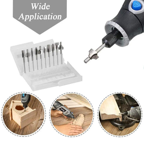 Ten Piece HSS Router Bit Set With One Eighth Inch Shank For DIY Woodworking Handyman Pro Grade Straight Trim V Groove Beading Cove Slot Cutter Edge Forming Bits For Rotary Tools And Carving