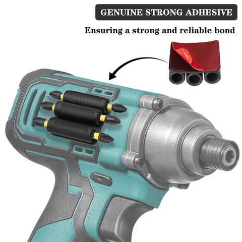 Universal Drill Bit Holder Set For Impact Drivers And Drills Three Piece Sleeve shows nano adhesive mount on power tool