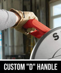 Close-up of Lightweight 14-Inch Abrasive Cut Off Chop Saw with D Handle and Guard, showing D-handle grip.