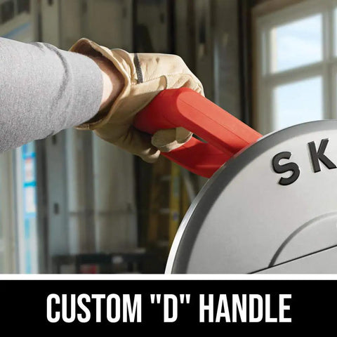 Close-up of Lightweight 14-Inch Abrasive Cut Off Chop Saw with D Handle and Guard, showing D-handle grip.
