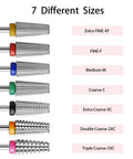 Front view of seven ERUIKA carbide nail drill bits with colored collars, 3/32 in shank for acrylic or gel removal