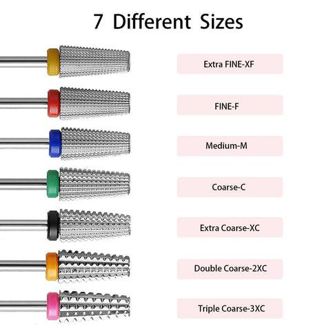 Front view of seven ERUIKA carbide nail drill bits with colored collars, 3/32 in shank for acrylic or gel removal