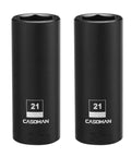 Two Pack Half Inch Drive 21mm Deep Impact Socket Set 6 Point Metric CR MO Steel Drop Forged And Heat Treated Black Oxide Finish Flank Drive For Tight Grips And Prevents Rounding For Heavy Duty Auto And Machinery Jobs.
