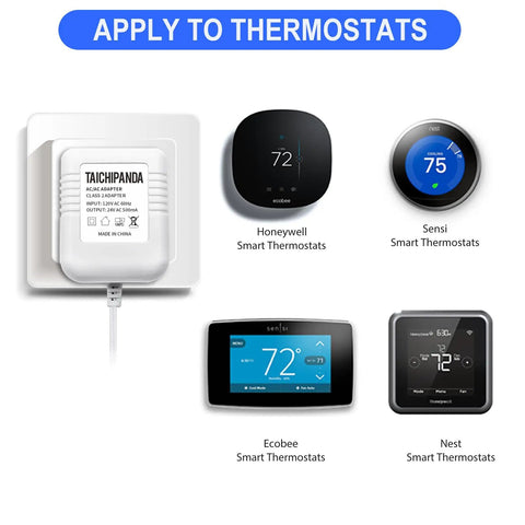 24V Transformer And C Wire Adapter For Nest Ecobee Honeywell Sensi Thermostats with various thermostat models visible