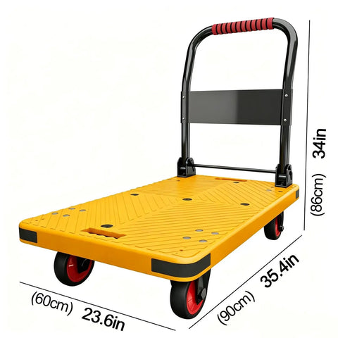 Heavy Duty Platform Truck Flatbed Cart With 881 Lb Load Capacity, Reinforced Steel Base, Thickened Frame, Easy Push Handle, Tie Down Rope Included, 35.4 Inch Long by 23.6 Inch Wide by 34 Inch High for Moving Heavy Loads, yellow deck