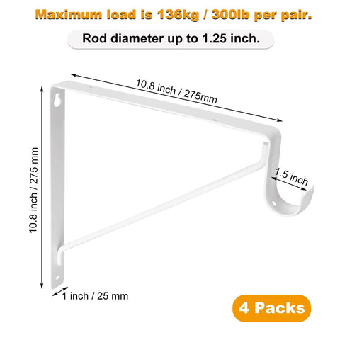 Heavy Duty Closet Rod Brackets 4 Pack White 11 X 11 X 1 Inch Shelf And Rod Support Brackets for Hanging Clothes side view