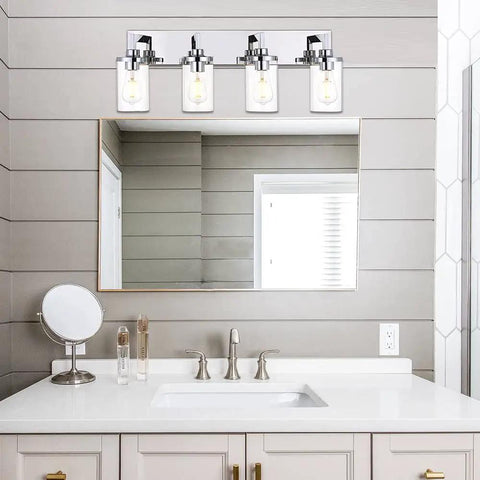 Sleek Chrome Finish Four Light Bathroom Vanity Light Fixture With Clear Glass Shades, Indoor Wall Sconce Lighting Above Mirror