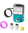 Two Way Three Port Pneumatic Valve With Beefed-Up High Frequency Operation For Fast Booster Control, 1/8 Inch NPT, DC 12V, 5.4W, Aluminum Body Solenoid Valve, 0-120 PSI, Electronic High Frequency Booster Valve For Industrial Automation shown with connectors and sealant tape.