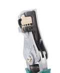 Close-up of Heavy Duty Wire Crimper And Stripper Plier for Slick Multistrand Cable Cutting, showing sharp blades and tension dial.