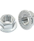 Premium M12 Hex Nuts With Serrated Flange providing rock solid grip, stainless steel, two nuts showing serrated design.