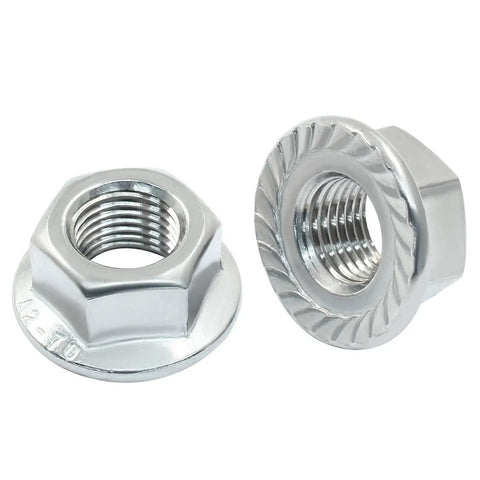 Premium M12 Hex Nuts With Serrated Flange providing rock solid grip, stainless steel, two nuts showing serrated design.