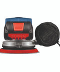 Front view of 18V Brushless 5 Inch Cordless Random Orbit Sander Bare Tool With Ergonomic Palm Grip and dust bag attachment.