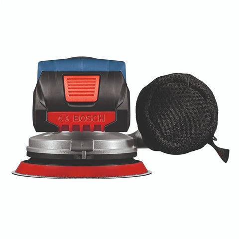 Front view of 18V Brushless 5 Inch Cordless Random Orbit Sander Bare Tool With Ergonomic Palm Grip and dust bag attachment.