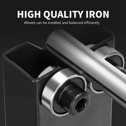 Close-up of Beefy Motorcycle Wheel Balancer Stand For Static And Dynamic Tire Balancing On Most Motorcycles Off Road And Sport Bikes