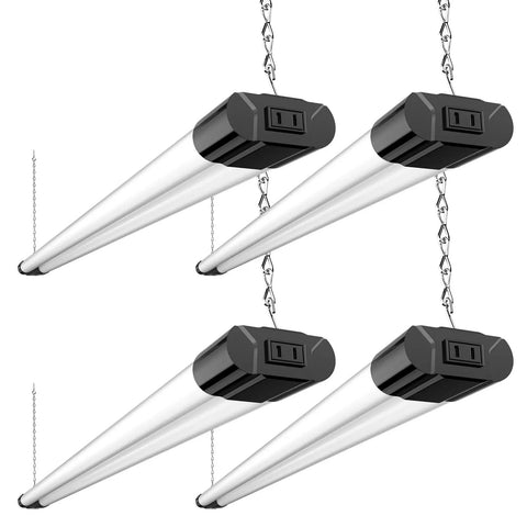 4 Pack Linkable LED Shop Lights For Garage, 4400 Lumens, 6500K Cool Daylight, 40W Per Fixture, 4 Ft Integrated Surface Or Suspension Mount Lights