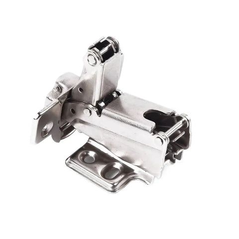 Close-up of 165 Degree Corner Fold Concealed Cabinet Door Hinge Set for home kitchen with screws, metal, smooth close