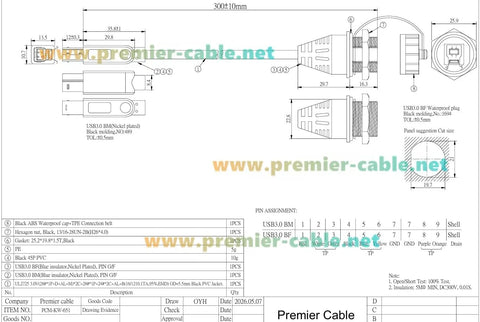 IP67 Waterproof USB 3.0 Type B Bulkhead Panel Mount Cable USB B Male To Female Extension Cable 5Gbps Built For Printers, PLCs, HMIs, CNCs, Industrial Cams And Machine Vision 0.3m, technical drawing