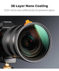 Close-up of 55mm Variable ND Filter ND3-ND1000 1.5-10 Stops For Cameras on lens, highlighting 28 layer nano coatings.