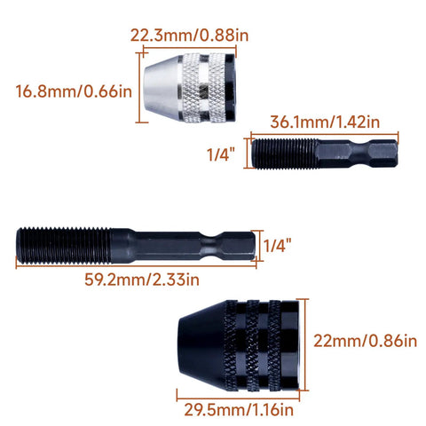 Dimensions of Two Pack Keyless Drill Chuck Adapters With One Quarter Inch Hex Shank For Impact Drivers And Rotary Tools shown