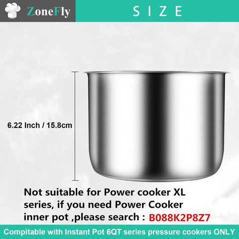 6 Qt Inner Pot For Electric Pressure Cooker Replacement With dimensions shown on stainless steel surface