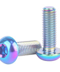 Bulletproof Grade Five Titanium Water Bottle Cage Bolts And Bicycle Rotor Screws Kit Paired With Torx M5 Hardware showing two rainbow finish screws.