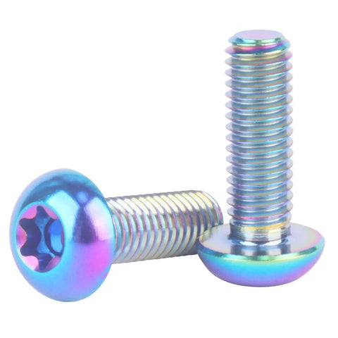 Bulletproof Grade Five Titanium Water Bottle Cage Bolts And Bicycle Rotor Screws Kit Paired With Torx M5 Hardware showing two rainbow finish screws.
