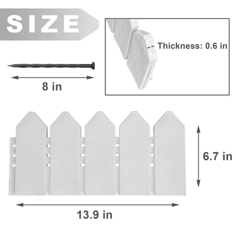 Dimensions of Landscape Edging Kit With 6.7 Inch Tall Wood Look Border For Flower Beds And Gardens, showing size and spikes.