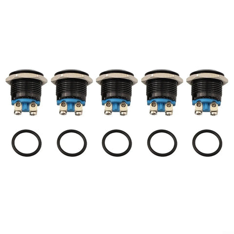 5 Pack 16mm Metal Push Button Switches Industrial Panel Mount Momentary Black Plated Flat Head, with rubber rings