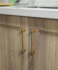 Six Pack 5 Inch Center To Center Knurled Antique Brass Cabinet Bar Handles With Blocky Triangular Mounts on wooden kitchen cabinets