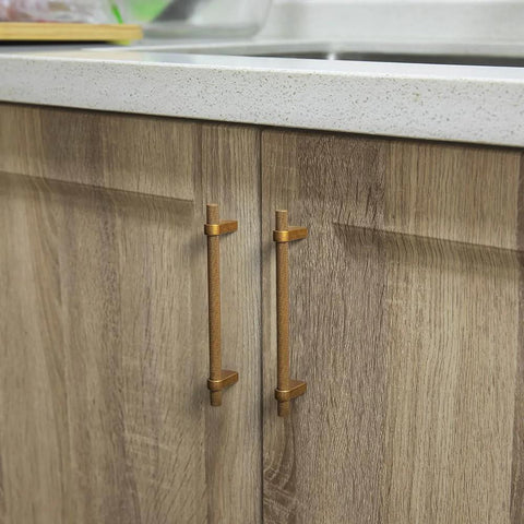 Six Pack 5 Inch Center To Center Knurled Antique Brass Cabinet Bar Handles With Blocky Triangular Mounts on wooden kitchen cabinets