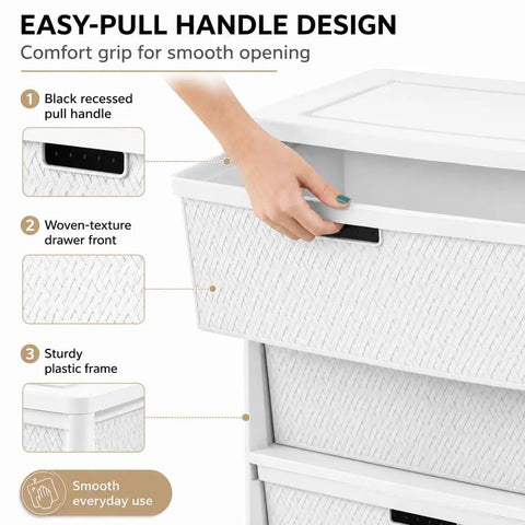 Wide Three Drawer Plastic Storage Tower With Cross Weave Removable Bins For Keeping Your Space Looking Fresh While Solidly Organizing Clothes And Daily Essentials