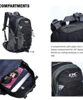Waterproof Hiking Backpack For Men And Women, 40L, Black with multi-compartment design shown, including padded straps and rain cover.