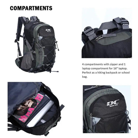 Waterproof Hiking Backpack For Men And Women, 40L, Black with multi-compartment design shown, including padded straps and rain cover.