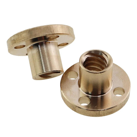 Set Of 4 Brass T8 Lead Screw Nuts For Z-Axis 3D Printer, 8mm Lead, 2mm Pitch, showing two brass nuts on a white background.