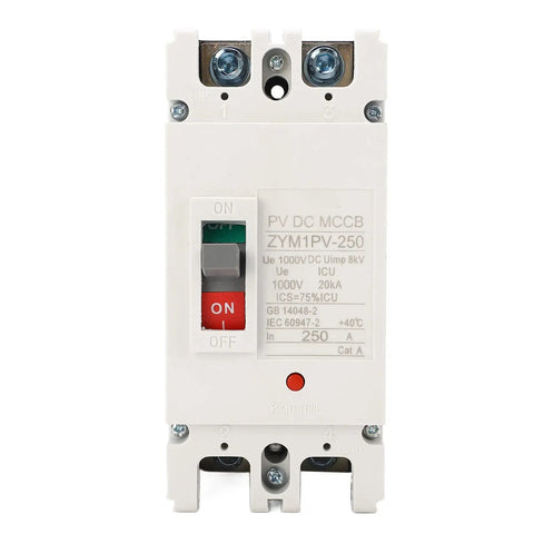 Front view of Two Pole DC Miniature Circuit Breaker 1000V 250A Molded Case Switch, 20kA Breaking Capacity, Built Tough From Thermosetting Material