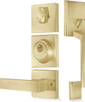 Satin Brass Entry Door Handle Set With Square Backplate, Single Cylinder Deadbolt, Low Half Lever, adjustable for 35-45mm doors