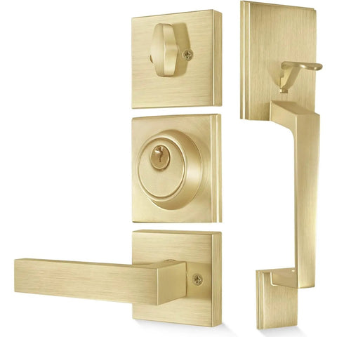 Satin Brass Entry Door Handle Set With Square Backplate, Single Cylinder Deadbolt, Low Half Lever, adjustable for 35-45mm doors