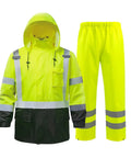 Tough As Nails High Visibility Reflective Rain Suit Set With Waterproof Jacket And Pants For Construction And Road Work Crews featuring bright yellow colors and reflective stripes.
