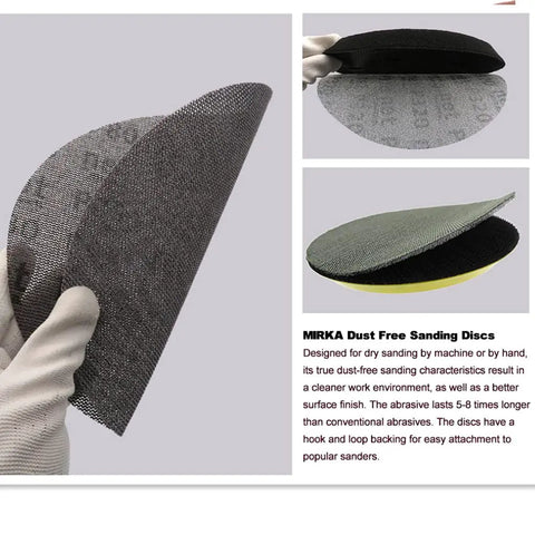 Ditch The Dust And Clog Issues With These 9 Inch Sandpaper Mesh Discs showcasing a gloved hand holding a black mesh sanding disc.