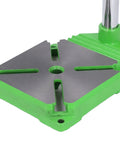 Green metal base of Adjustable Vertical Drill Stand With 90 Degree Rotation Floor Drill Press Table 60mm Travel Fits 38mm To 43mm Drills Heavy Duty Floor Mount.