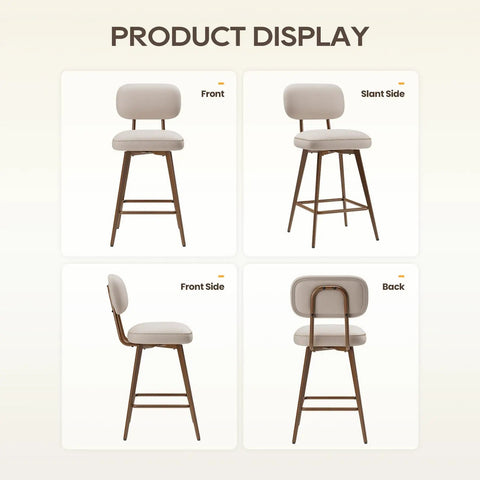 Multi-angle view of 26 Inch Swivel Bar Stools Set Of 2 Beige PU Leather Counter Height Chairs With Low Back And Metal Legs