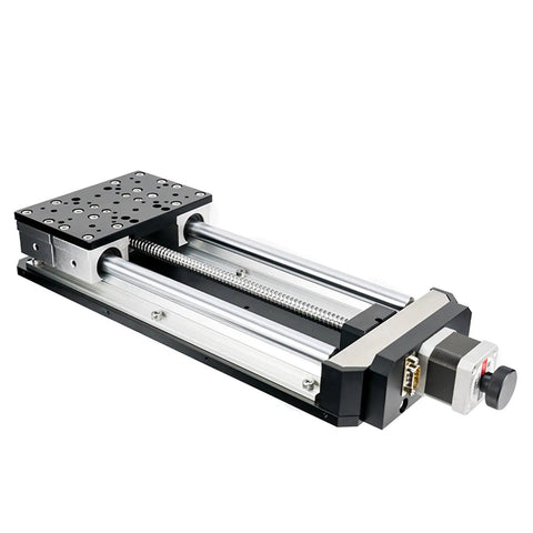 Heavy-Duty Motorized Linear Stage With Four Hundred Millimeter Travel And Thirty Kilogram Load on an aluminum platform, showcasing precision components.