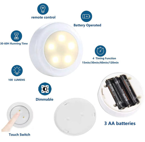 2 Pack Battery Powered LED Puck Lights with Remote for Lamps and E26 Screw In Fixtures, wireless 100 lumen bulbs, shown with features