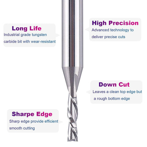 Close-up of SpeTool carbide down-cut spiral router bit; 1/4 in shank, 1/8 in cutting diameter for wood milling