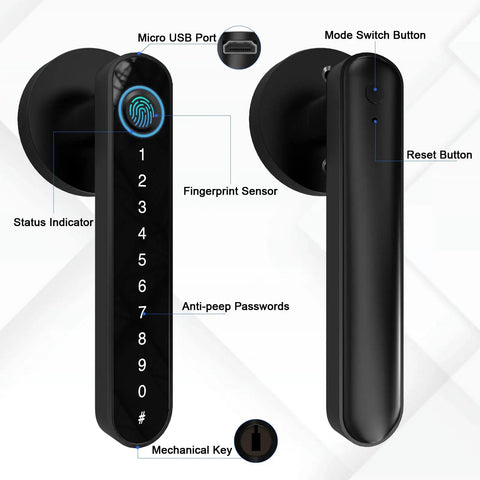 4 In 1 Smart Door Lock With Fingerprint, Bluetooth App Control, Keypad Code And Physical Key, Black Door Handle Lock Set