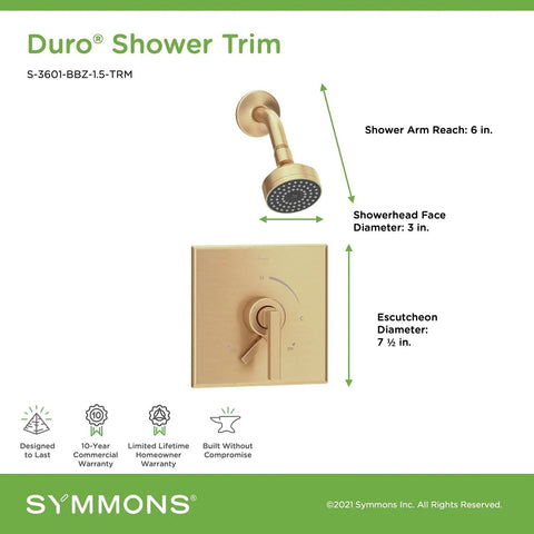 Diagram of Duro Single Handle 1 Spray Shower Trim With Secondary Volume Control In Brushed Bronze Finish, showing dimensions.